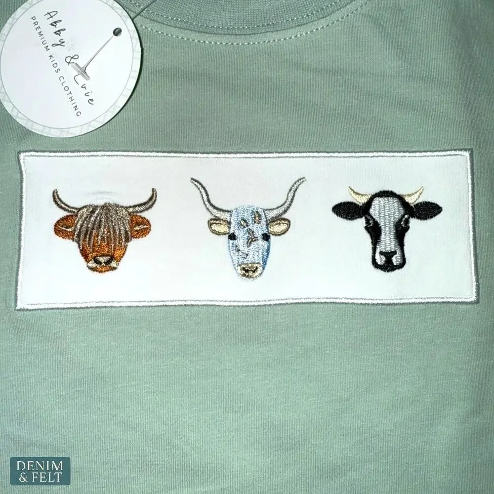 NEW Abby & Evie Green Cow Embroidery Outfit‎ Set Long Sleeve Top & Gingham Pants